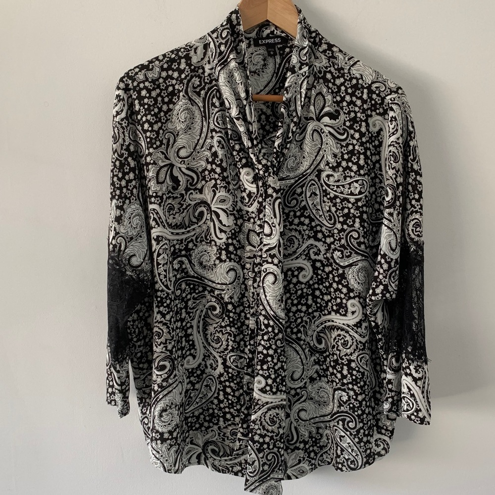 Paisley lace sleeve neck tie blouse